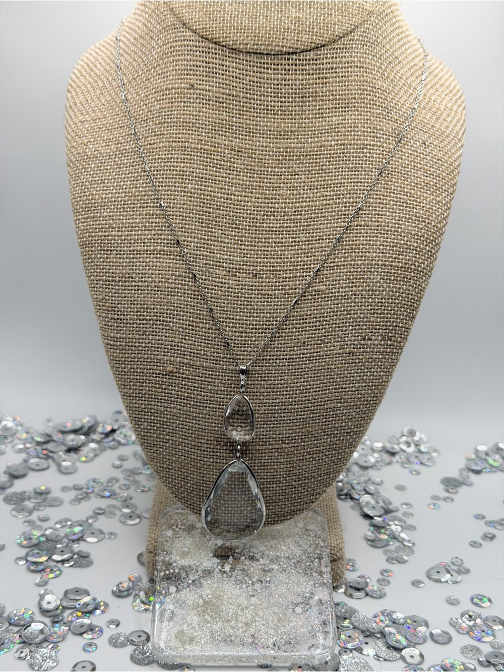 Silver Double Teardrop Pendant Necklace - Women's Jewelry